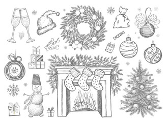 Set of Christmas design element in doodle style. Hand drawn. 