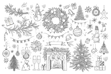 Set of Christmas design element in doodle style. Hand drawn. 