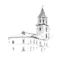 Vector sketch of European building, old tower, hand drawn illustration in black and white colors