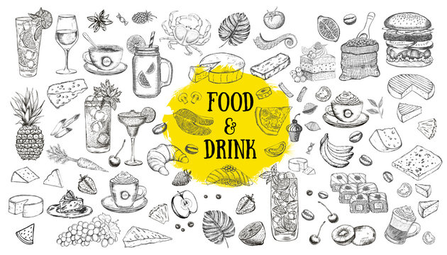 Naklejki Hand drawn food elements.Vector set with food and drink.
