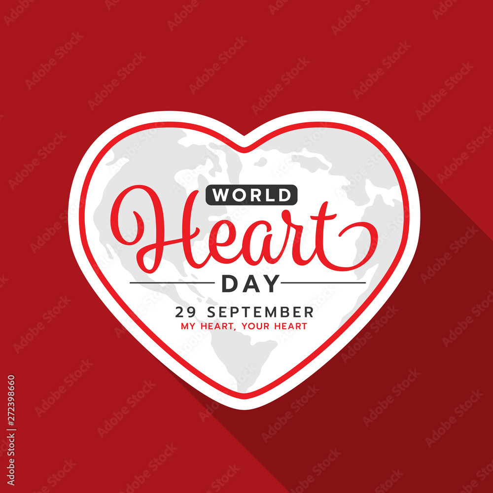 Poster world heart day with text on white heart frame banner on red background vector design