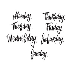 Names of weekdays. Hand drawn letteringon white background for your calendar design. Modern brush vector calligraphy