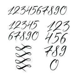 Black hand written calligraphy numbers on white background. Vector numerals 1-10 with gradient