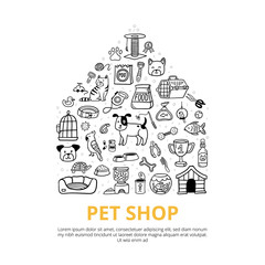 Doodle goods for a pet shop in a hand-drawn style. Vector illustration with pets and stuff like kennel, leash, food, paw, bowl and other care elements.