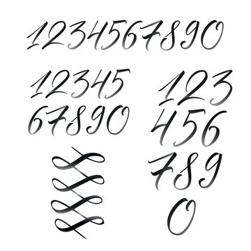 Black hand written calligraphy numbers on white background. Vector numerals 1-10 with gradient