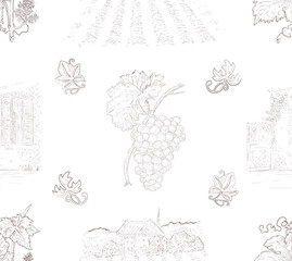 Hand drawn grape and vineyard seamless pattern. Vintage engraving style