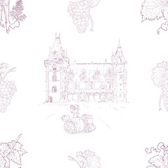 Hand drawn castle and wine barrels seamless pattern. Vintage engraving style