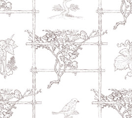 Vine, leaves and bird seamless pattern