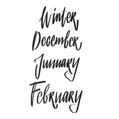 Names of months and time of year: winter. Hand drawn vector lettering. Modern brush calligraphy
