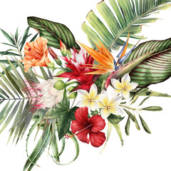 Greeting card with tropical flowers, watercolor, can be used as invitation card for wedding, birthday and other holiday and  summer background