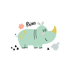 Illustration with cute cartoon rhino