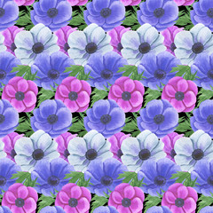 Fototapeta premium Seamless pattern with watercolor flowers Anemone Illustration of leaf sprigs Floral leaf textures handmade Digital paper Textile Wallpaper