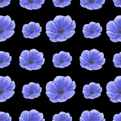 Seamless pattern with watercolor flowers Anemone Illustration of leaf sprigs Floral leaf textures handmade Digital paper Textile Wallpaper