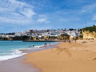 Paradise beach with view on Albufeira city in Portugal