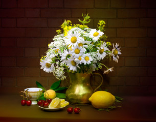 still life, flowers, a bouquet of flowers in a vase with objects