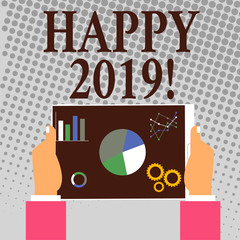 Writing note showing Happy 2019. Business concept for New Year Celebration Cheers Congrats Motivational Message