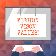 Text sign showing Mission Vison Values. Business photo showcasing planning for future improvement Career Right decisions