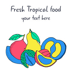 Tropical cartoon fruits banner. Flat color fun fruits poster.