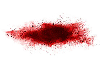 Red powder explosion on white background. Colored cloud. Colorful dust explode. Paint Holi.