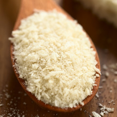 Panko Japanese flaky bread crumbs on wooden spoon, photographed with natural light (Selective Focus, Focus in the middle of the image)