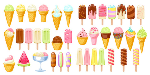 Ice cream set. Colorful ice-cream cones and popsicles.