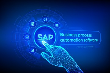 SAP Business process automation software. ERP enterprise resources planning system concept on virtual screen. Wireframed robotic hand touching digital graph interface. AI. Vector illustration. - obrazy, fototapety, plakaty