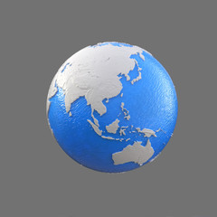 stylized blue and white globe, asia, india, china, japan, indonesia, australia, pacific ocean,