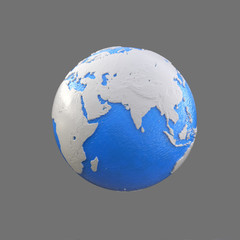 stylized blue and white globe, africa, arabia, asia, india, china,