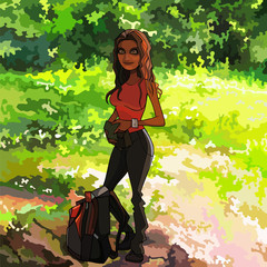 cartoon woman standing next to a backpack in nature