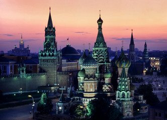 Russia, Moscow, St Basils Cathedral and kremlin sunset