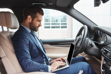 He is available from everywhere. Side view of successful and young bearded businessman working on laptop while sitting in his car