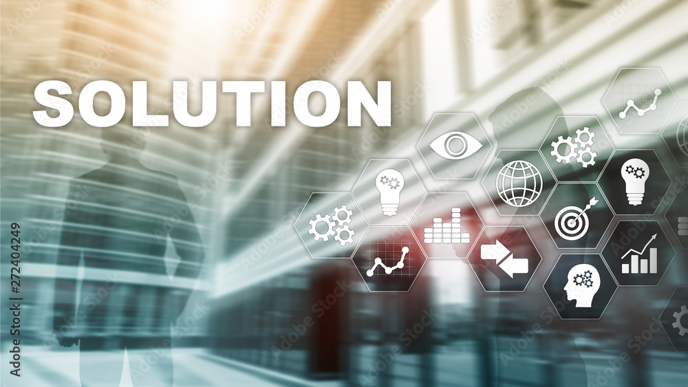 Poster business solutions, success and strategy concept. structuring virtual diagram of business process wi