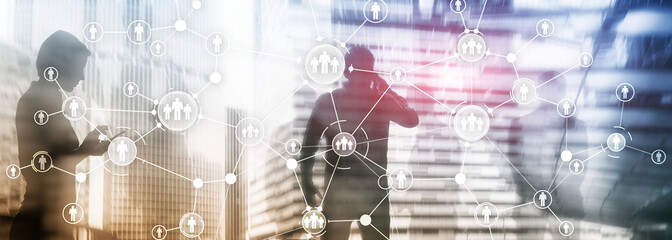 HR Human resources management peoples relation organisation structure virtual screen mixed media double exposure.