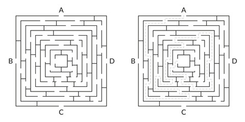 Labyrinth game. Square Maze. Find the way game. Exit and entrance puzzle. Vector illustration. 