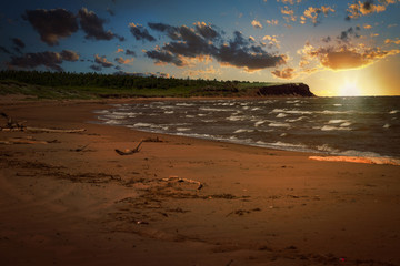 Sunset over a north shore beach in rural Prince Edward Island, Canada.