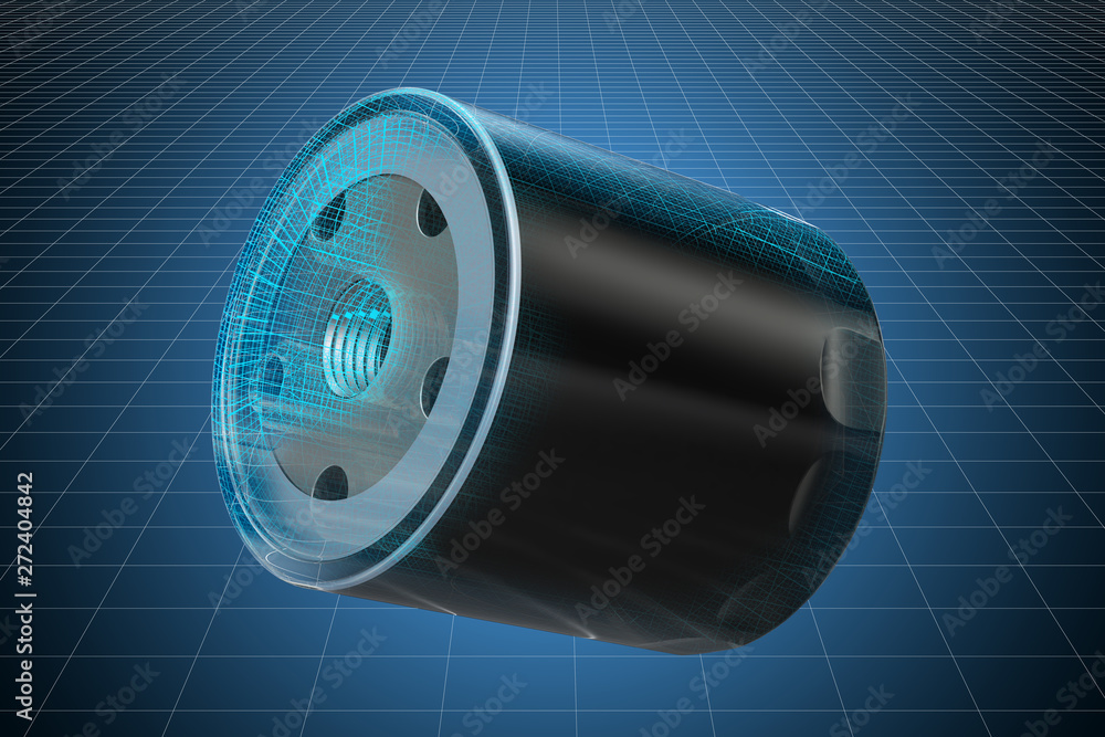 Poster visualization 3d cad model of oil filter, blueprint. 3d rendering