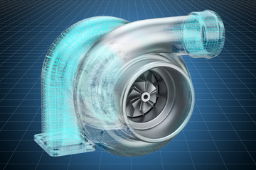 Visualization 3d cad model of car turbocharger, blueprint. 3D rendering - obrazy, fototapety, plakaty