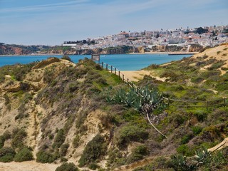 Fototapeta premium Paradise beach in Albufeira city in Portugal with wonderful nature, dunes and beach