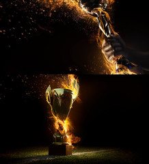 Sports background. Sport collage with fire and energy. Man's hand holding up trophy goblet. Winner...