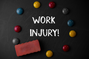 Word writing text Work Injury. Business photo showcasing accident that occurred during and as result of working Round Flat shape stones with one eraser stick to old chalk black board