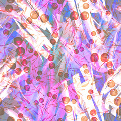 Seamless watercolor pattern with the image of a cluster of berries of a mountain ash, cherry, viburnum, leaves. In the decorative style. red, pink, violet white color. Abstract splash of paint