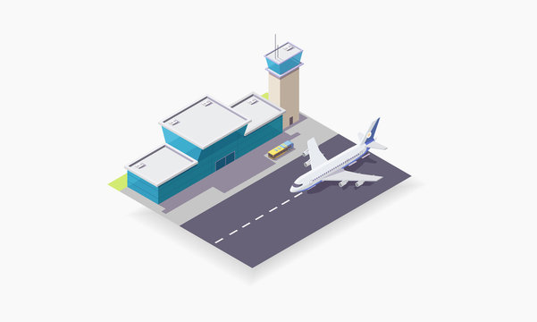isometric vector illustration of airport, plane on the runway, concept of travel, passenger plane near the terminal.