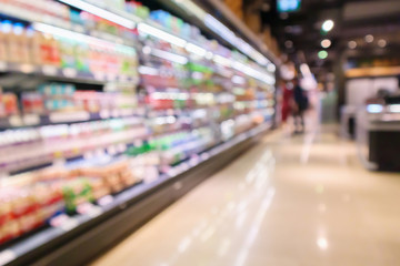 Abstract supermarket aisle interior blurred defocused background with bokeh light