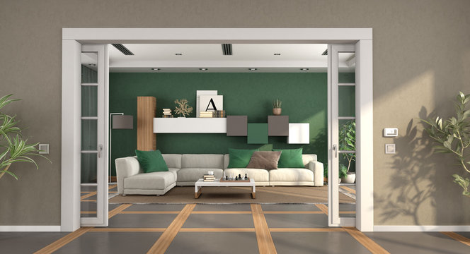 Modern living room with sliding door and elegant sofa