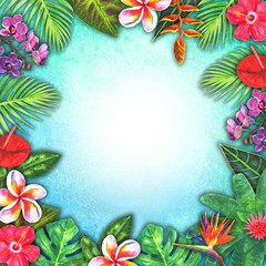Abstract summer watercolor tropical paradise. Hand drawn colorful paper tropical plants.