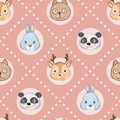 Colorful seamless pattern with muzzles of animals. Background with cute cat, deer, bunny and panda