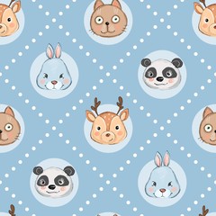 Colorful seamless pattern with muzzles of animals. Background with cute cat, deer, bunny and panda