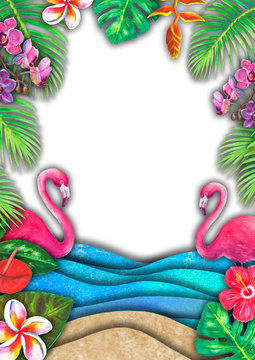 Abstract summer watercolor sea wave, sand beach, tropical plants, pink flamingo background.