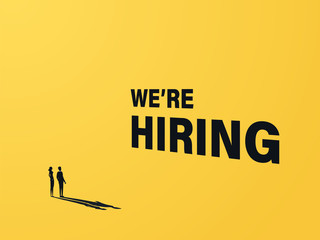 We are hiring business vector concept with businessman and woman and 3d text. Symbol of recruitment, career opportunity, vacancies. Job offers banner, poster template.