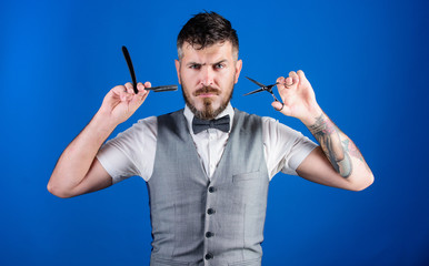 Enjoying morning routine. barbershop master with scissors. unshaven barber in bow tie. perfect...